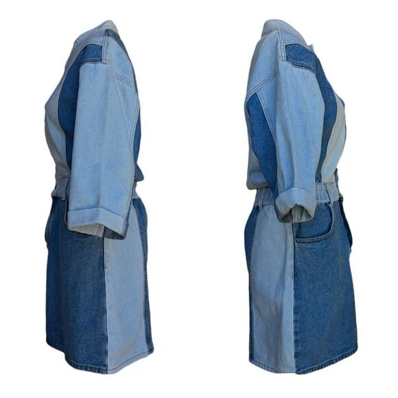 Driftwood Blue Denim Fabric Mini Dress Bianca  Colorblock Button Size M Flatter - Picture 5 of 11